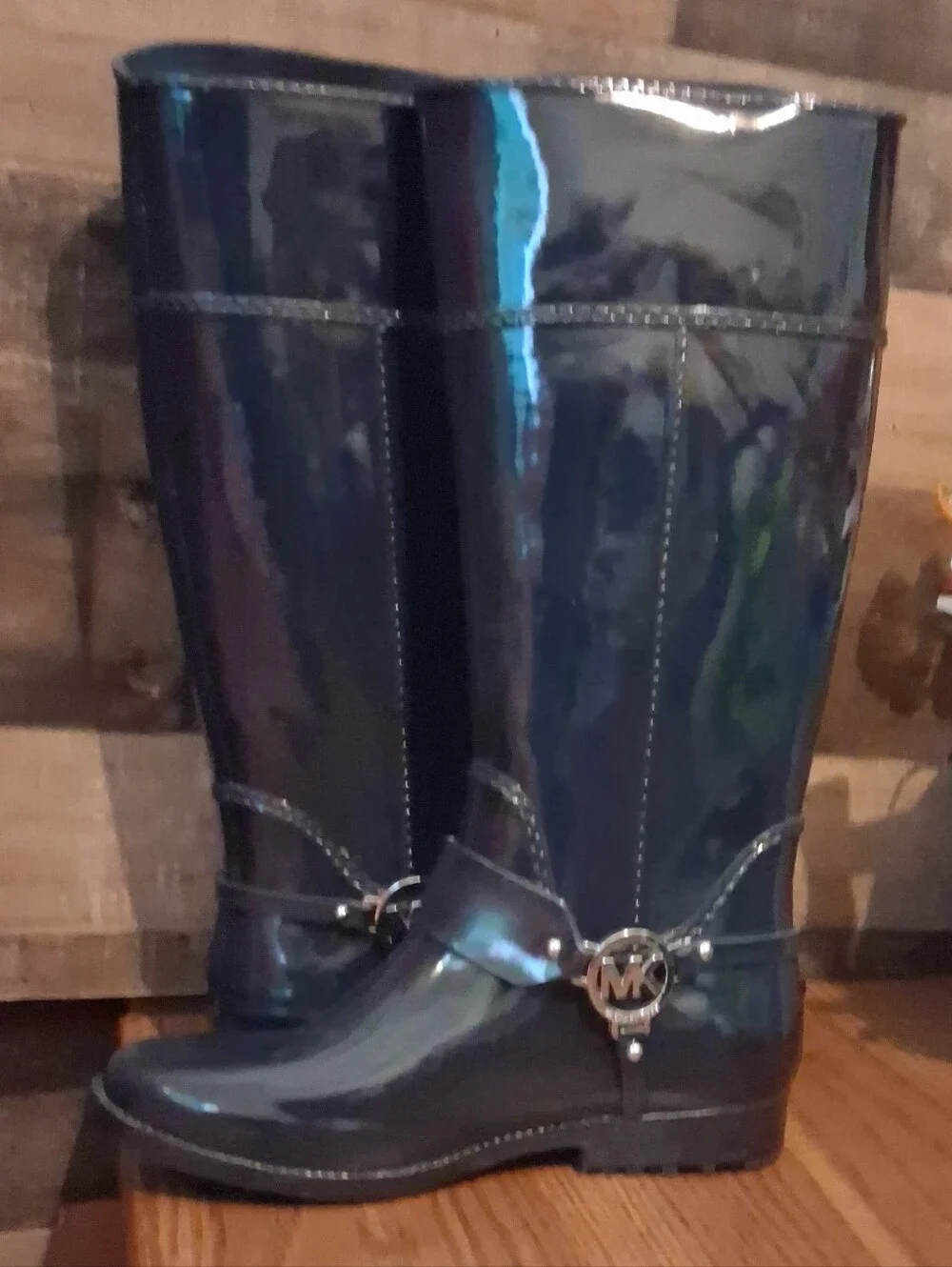 Michael Kors Fulton Harness Black Tall Rubber Rain Boots MK Silver Logo Womens 9